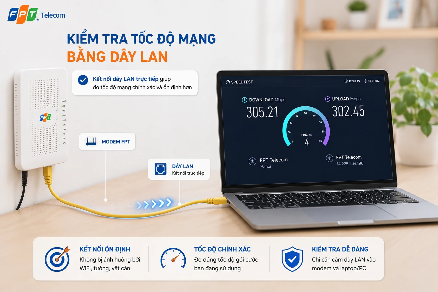 Kết nối dây LAN giúp loại bỏ yếu tố Wi-Fi khi cần đo tốc độ đường truyền chính xác nhất