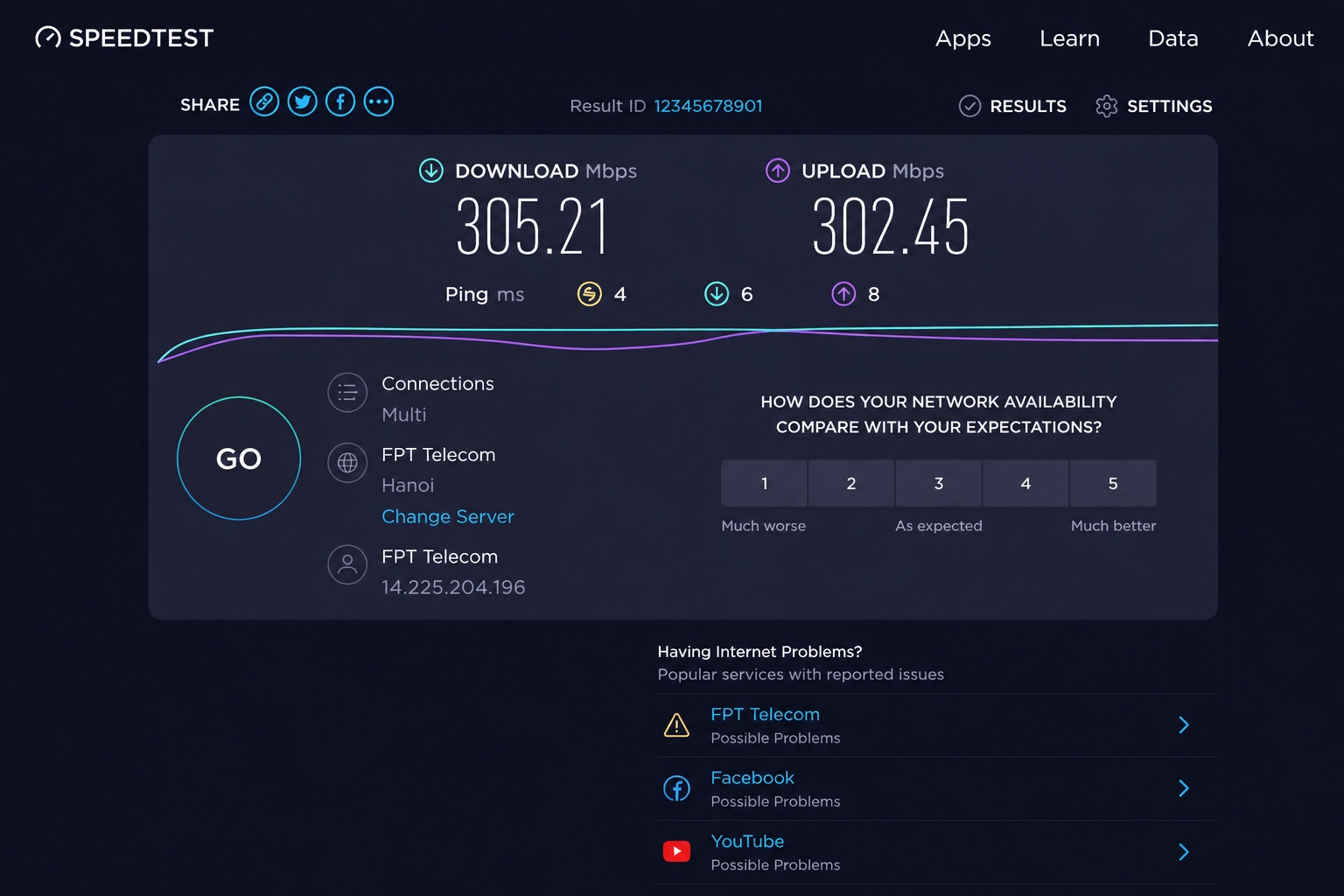 Giao diện kết quả kiểm tra tốc độ mạng trên Speedtest.net với các chỉ số Download, Upload và Ping