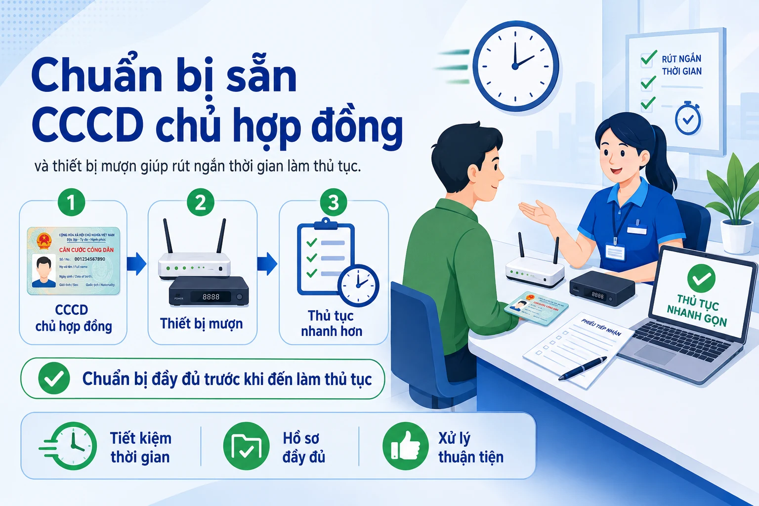 Chuẩn bị sẵn CCCD chủ hợp đồng và thiết bị mượn giúp rút ngắn thời gian làm thủ tục.
