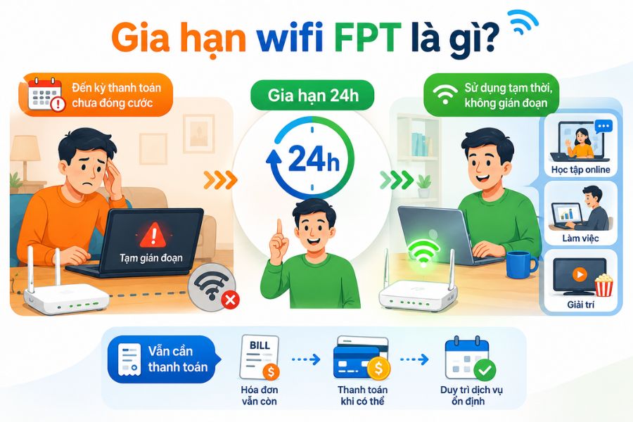 Gia hạn wifi FPT là hành động thanh toán cước phí để tiếp tục duy trì gói mạng Internet