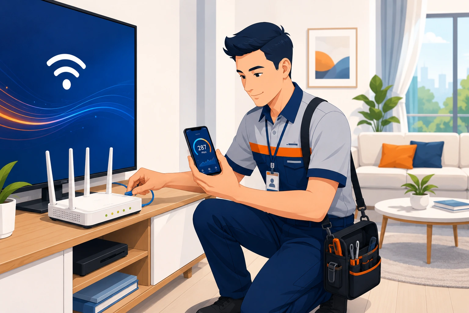 nhân viên kỹ thuật cài đặt modem wifi và kiểm tra tốc độ mạng tại nhà khách hàng