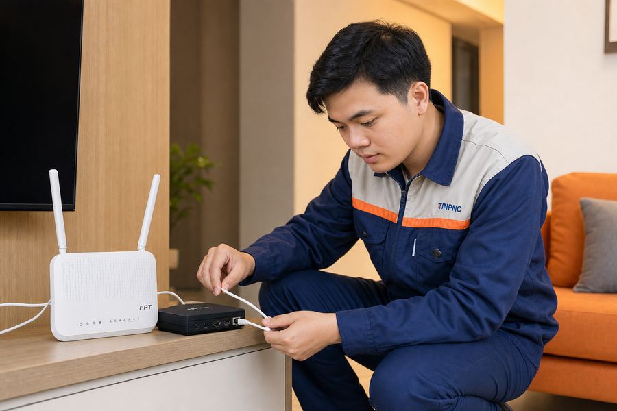 Kỹ thuật viên FPT đấu nối dây mạng từ cổng STB vào đầu thu truyền hình