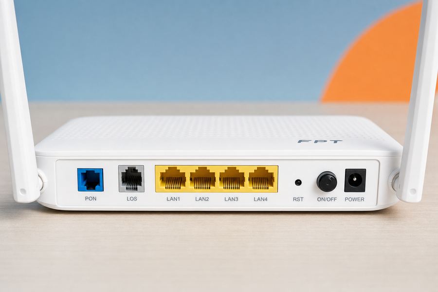 Mặt sau modem hai băng tần FPT với các cổng LAN và cổng nguồn