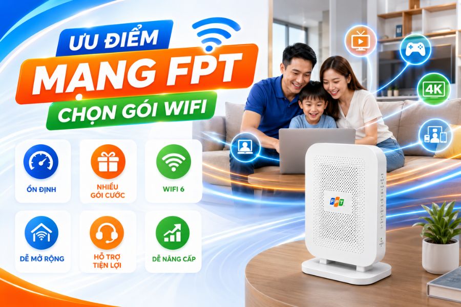 Gói cước WiFi FPT phù hợp gia đình, nhiều thiết bị, WiFi 6 và hỗ trợ nâng cấp