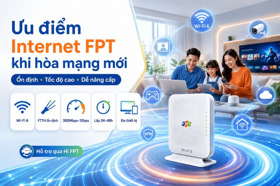 Hoà mạng FPT với WiFi 6, cáp quang FTTH ổn định, tốc độ cao và hỗ trợ qua Hi FPT