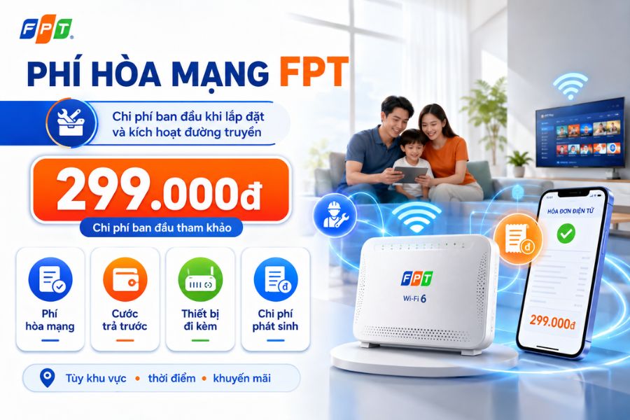 Hoà mạng FPT có phí ban đầu tham khảo, thiết bị đi kèm và chi phí tùy khu vực