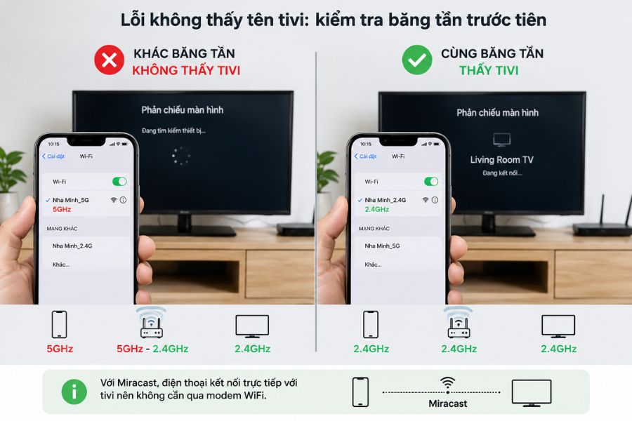 Lỗi không thấy tên tivi khi kết nối điện thoại với tivi qua wifi