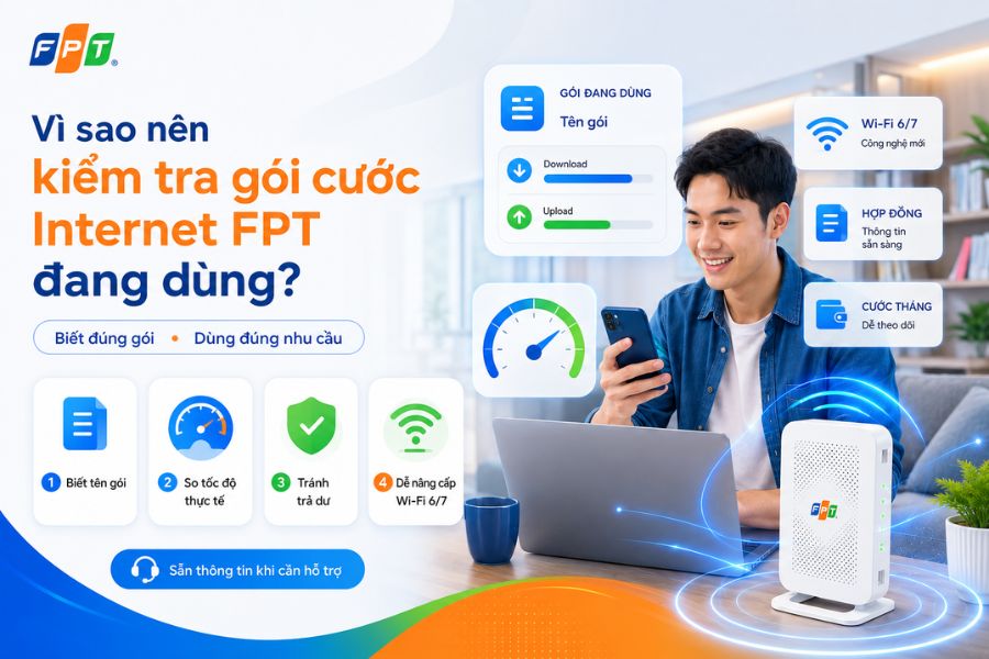 Kiểm tra gói cước FPT giúp biết đúng tên gói, tốc độ, cước phí và nhu cầu nâng cấp WiFi