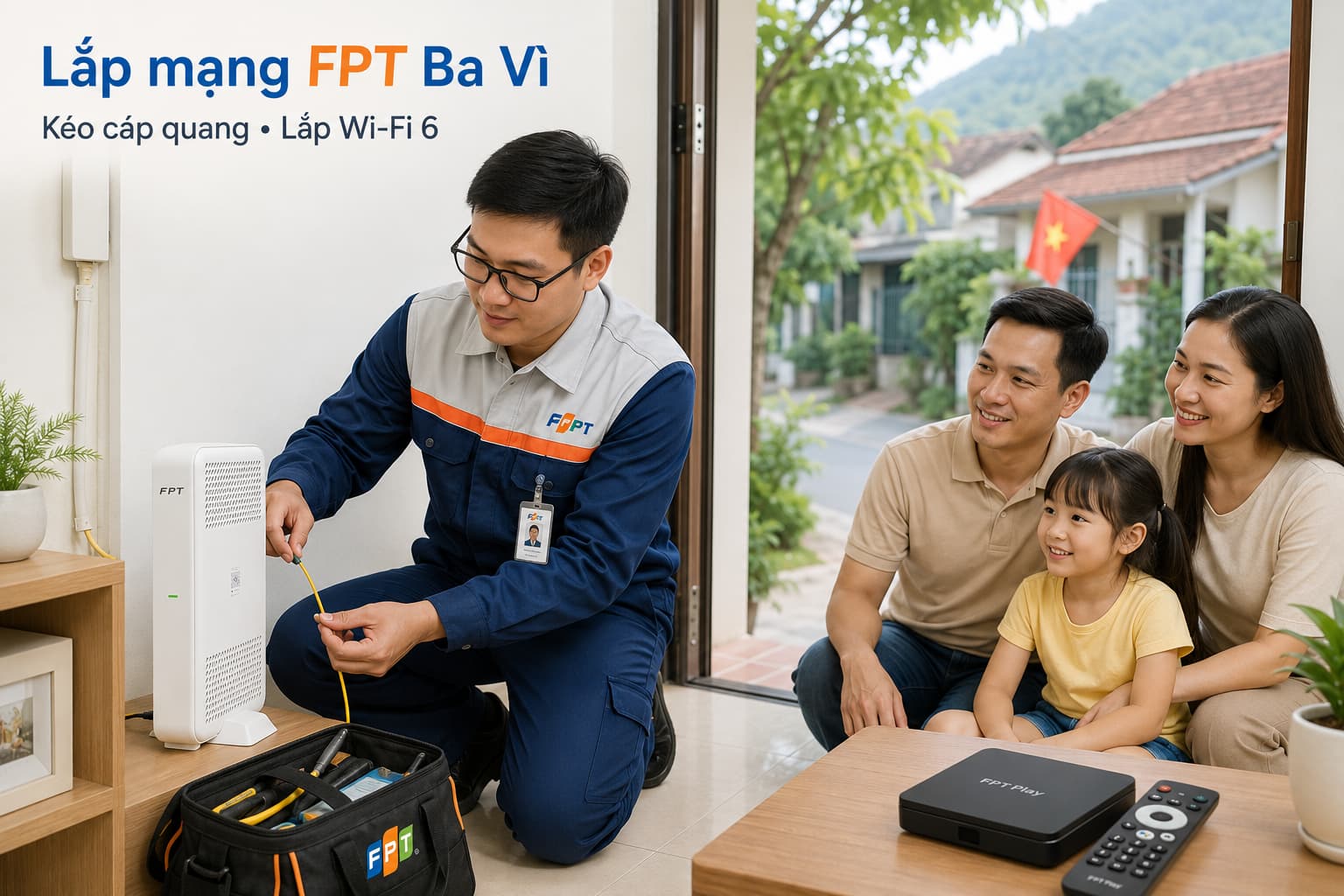 Kỹ thuật viên kéo cáp quang và lắp modem Wi-Fi 6 cho hộ gia đình khu vực Ba Vì.