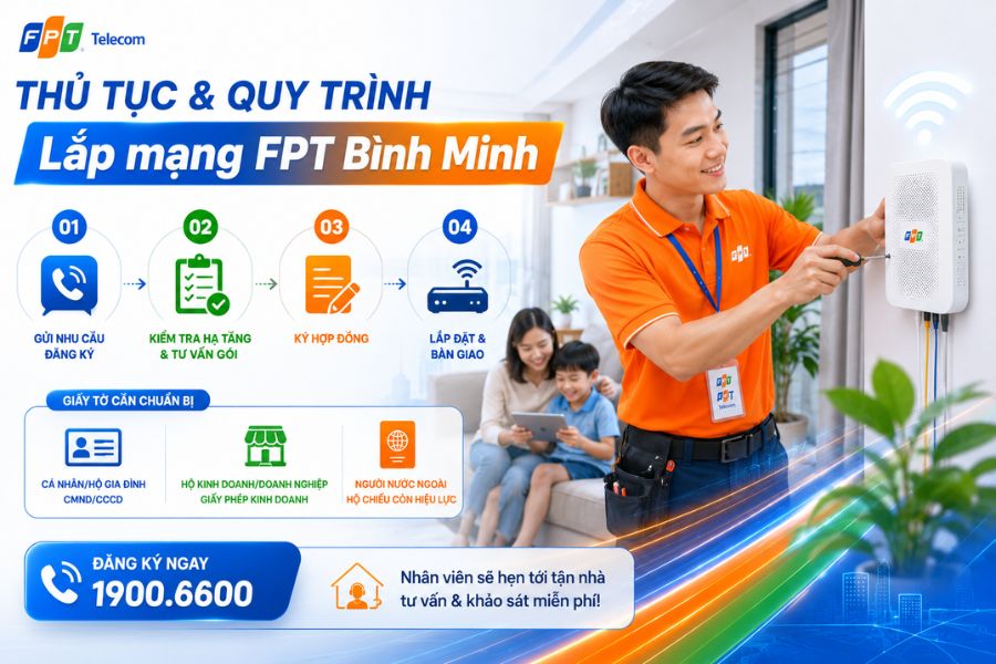 Lắp mạng FPT Bình Minh với thủ tục nhanh, kiểm tra hạ tầng, ký hợp đồng và lắp đặt tận nhà