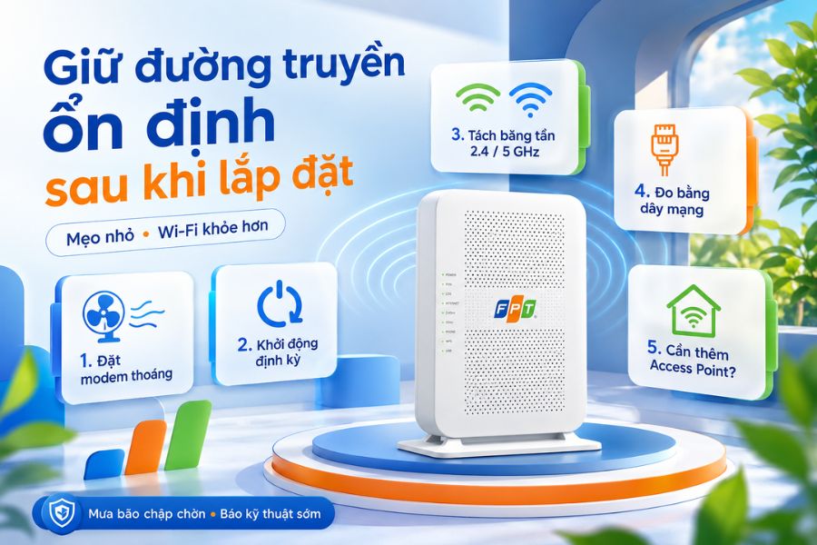 Lắp mạng FPT Bình Minh ổn định hơn khi đặt modem thoáng, tách băng tần và thêm Access Point khi cần