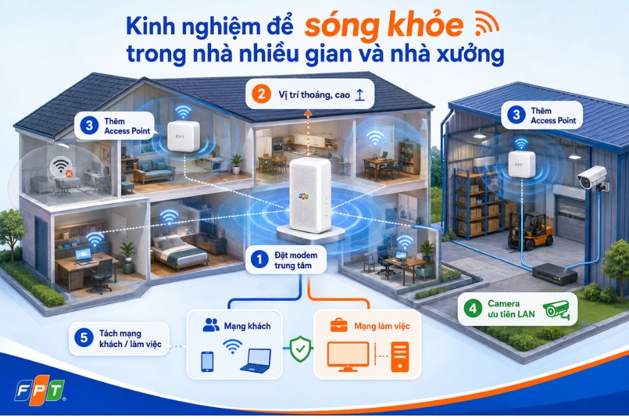 Lắp mạng FPT Chuyên Mỹ tối ưu WiFi cho nhà nhiều gian, nhà xưởng và thiết bị camera