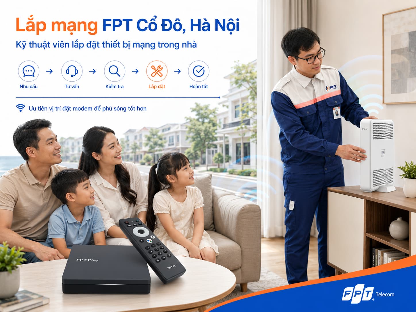 Kỹ thuật viên lắp đặt thiết bị mạng trong nhà