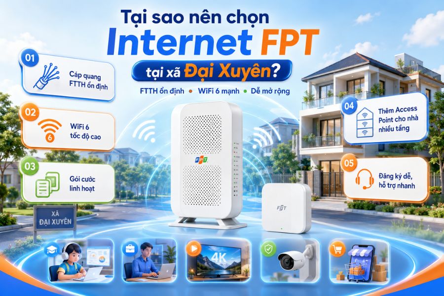 Lắp mạng FPT Đại Xuyên với WiFi 6, FTTH ổn định, gói linh hoạt và dễ mở rộng