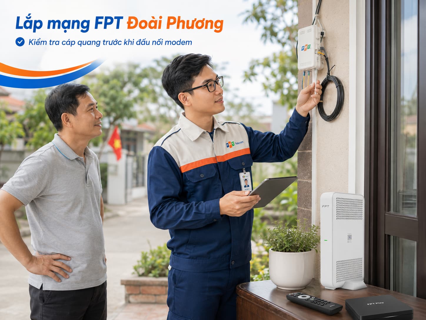 Kỹ thuật viên kiểm tra đường cáp quang trước khi đấu nối modem cho hộ gia đình.