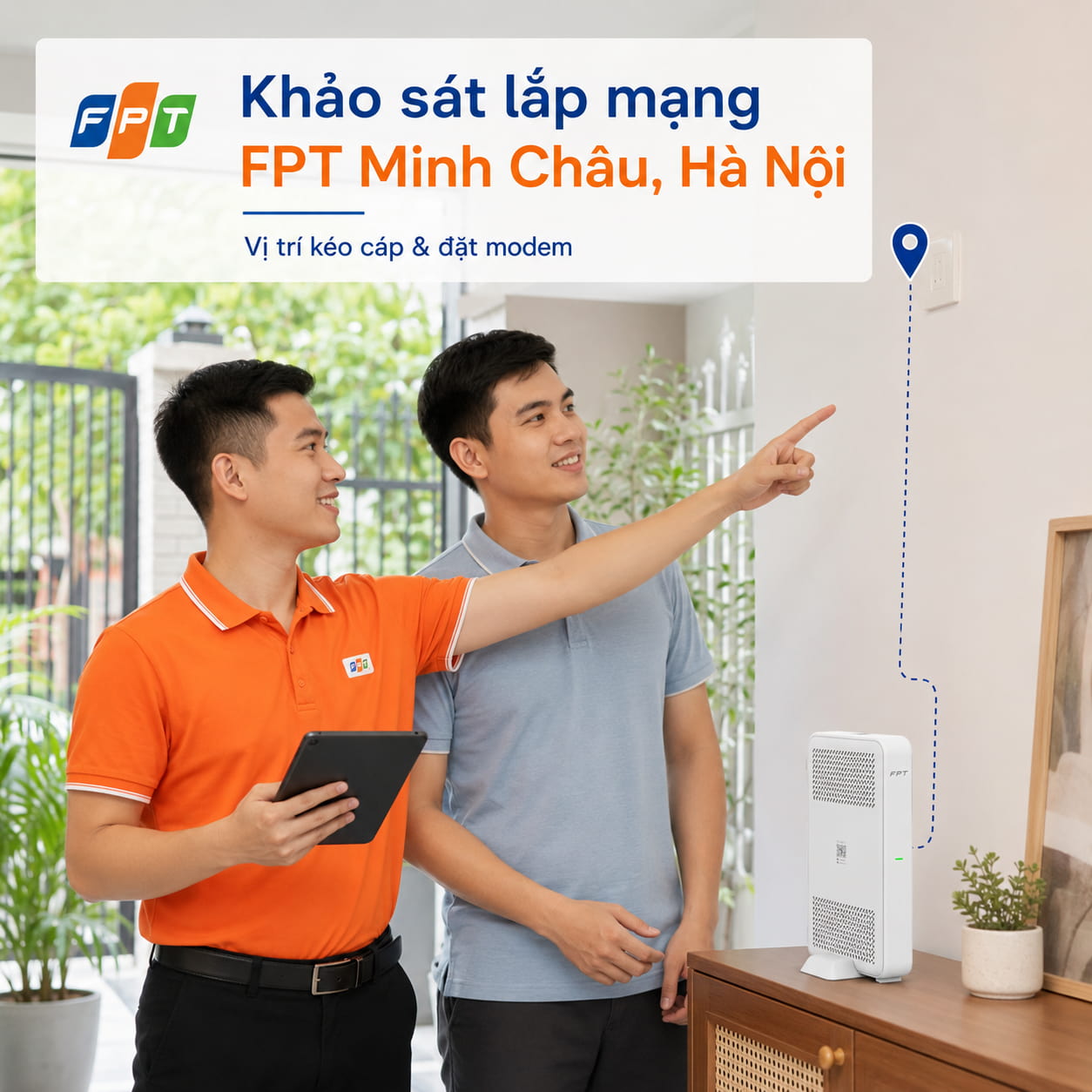 Khảo sát vị trí kéo cáp và đặt modem trước khi thi công Internet.