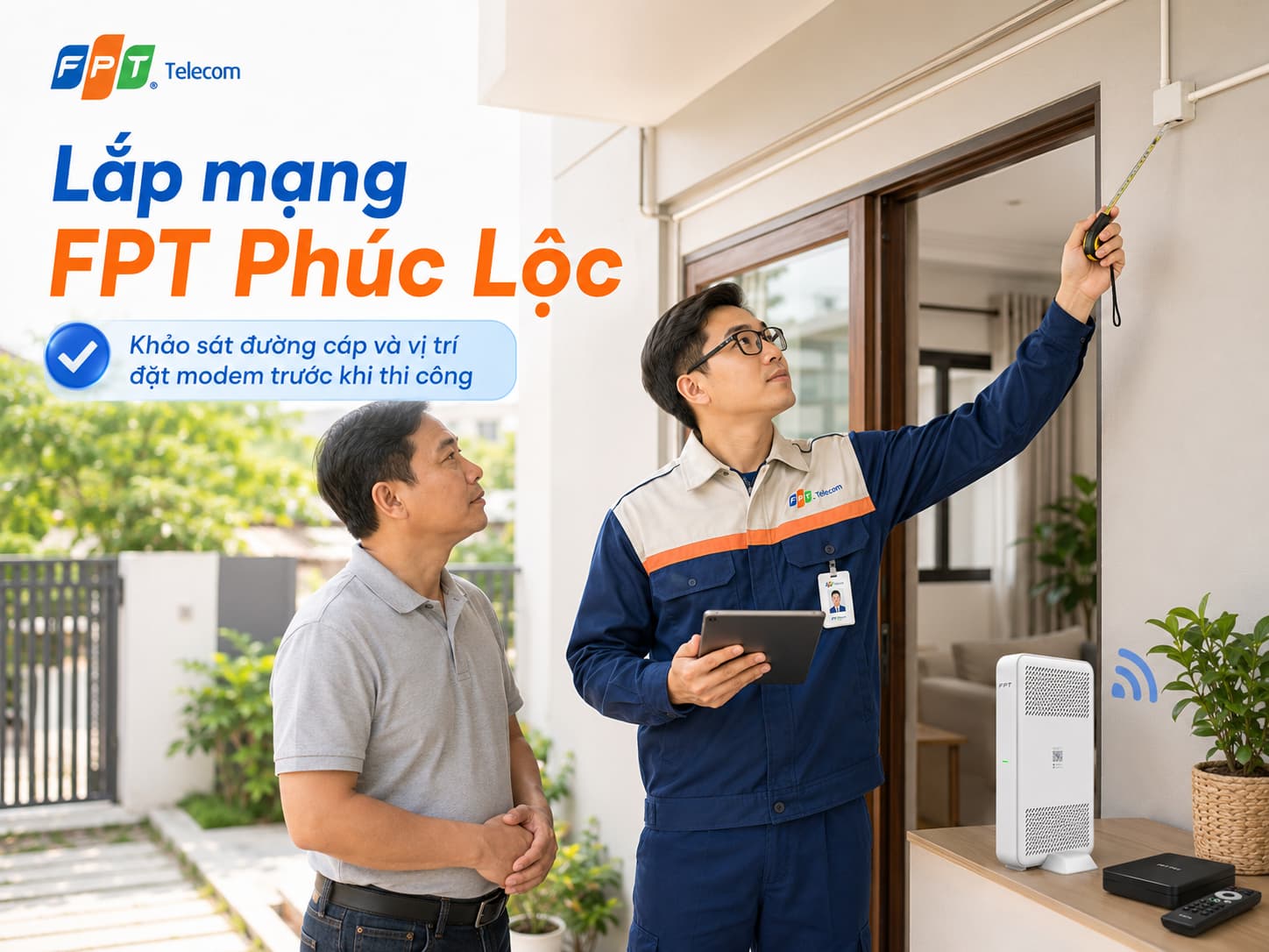 Kỹ thuật viên khảo sát đường cáp và vị trí đặt modem trước khi thi công.