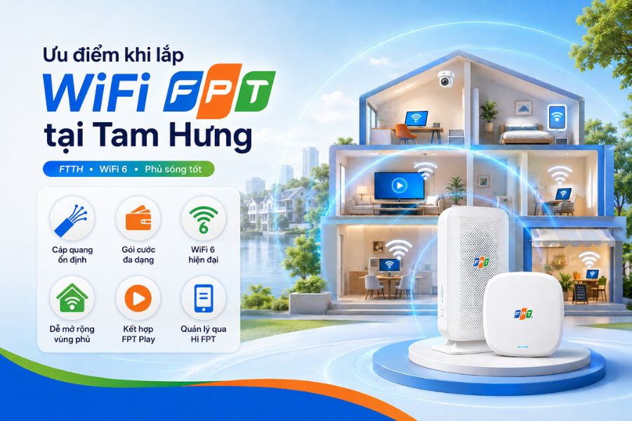 Lắp mạng FPT Tam Hưng với WiFi 6, cáp quang ổn định, gói cước đa dạng và dễ mở rộng