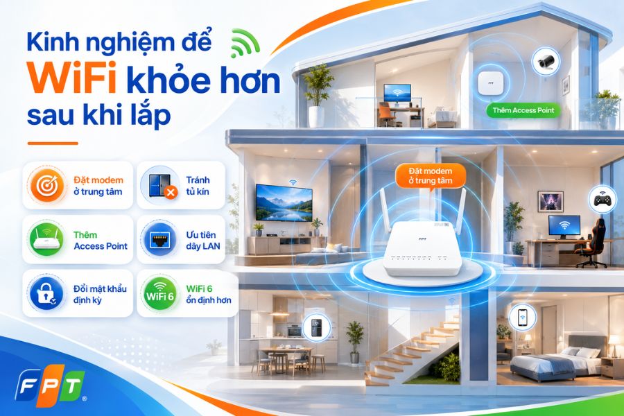 Lắp mạng FPT Thanh Oai cần đặt modem hợp lý, thêm Access Point và kiểm tra WiFi sau khi lắp