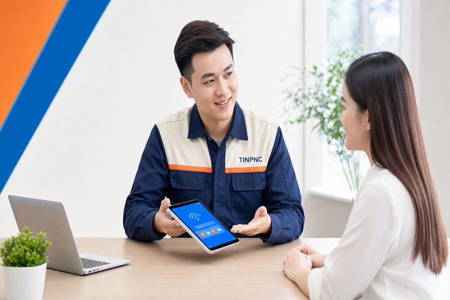Nhân viên tư vấn FPT hỗ trợ khách hàng chọn gói cước phù hợp