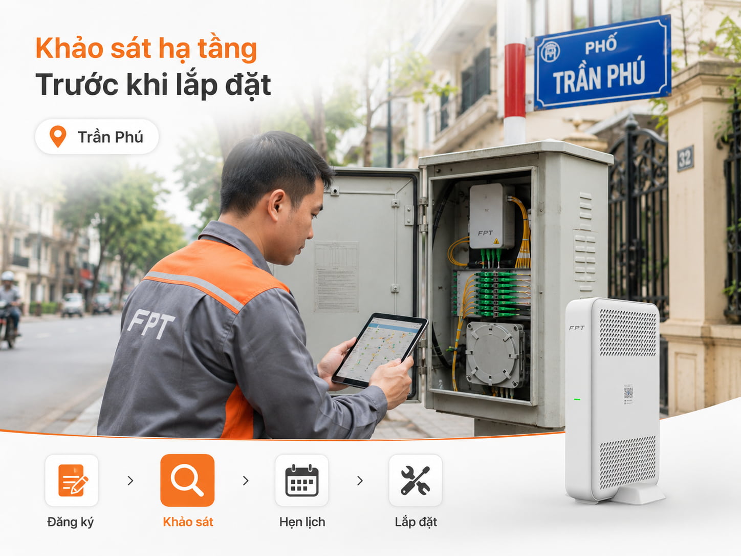 kỹ thuật viên kiểm tra hạ tầng cáp quang trước khi lắp đặt