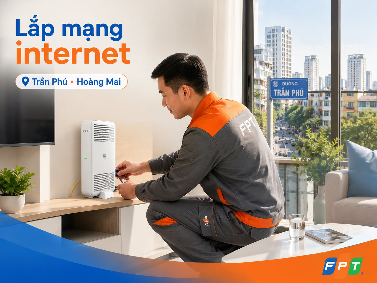 kỹ thuật viên lắp mạng internet tại khu vực Trần Phú Hoàng Mai