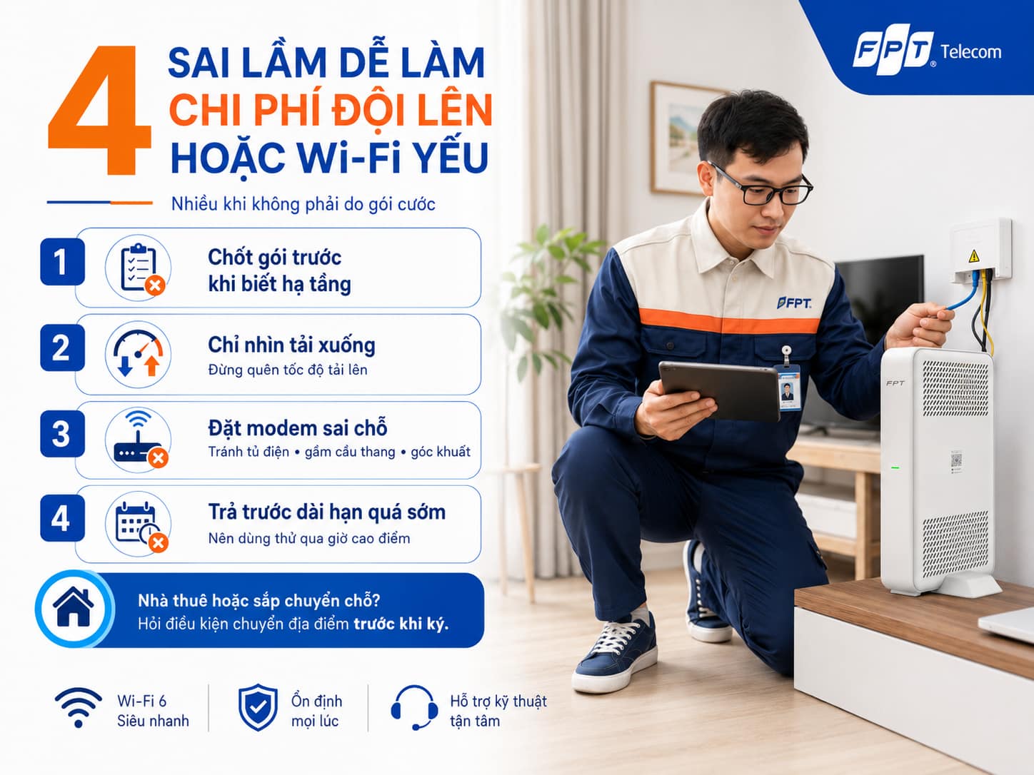 Xác nhận tuyến cáp và vị trí đặt modem ngay từ buổi khảo sát giúp tránh phát sinh về sau.