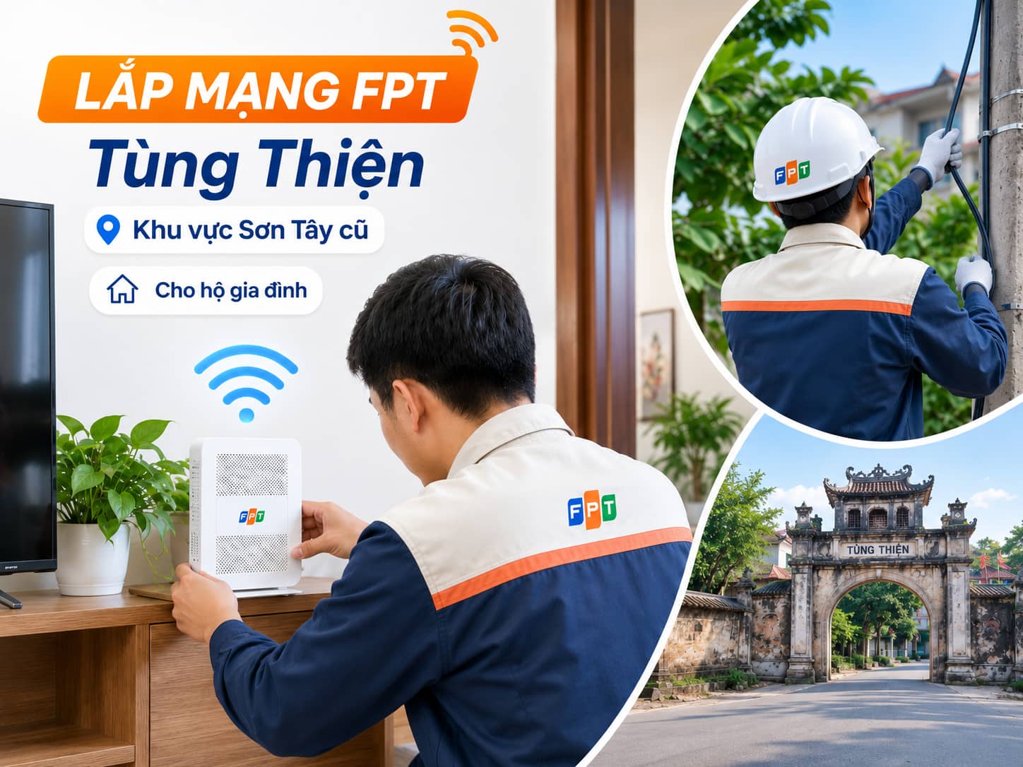 Kỹ thuật viên kéo cáp quang và lắp modem WiFi cho nhà dân khu vực Sơn Tây cũ.