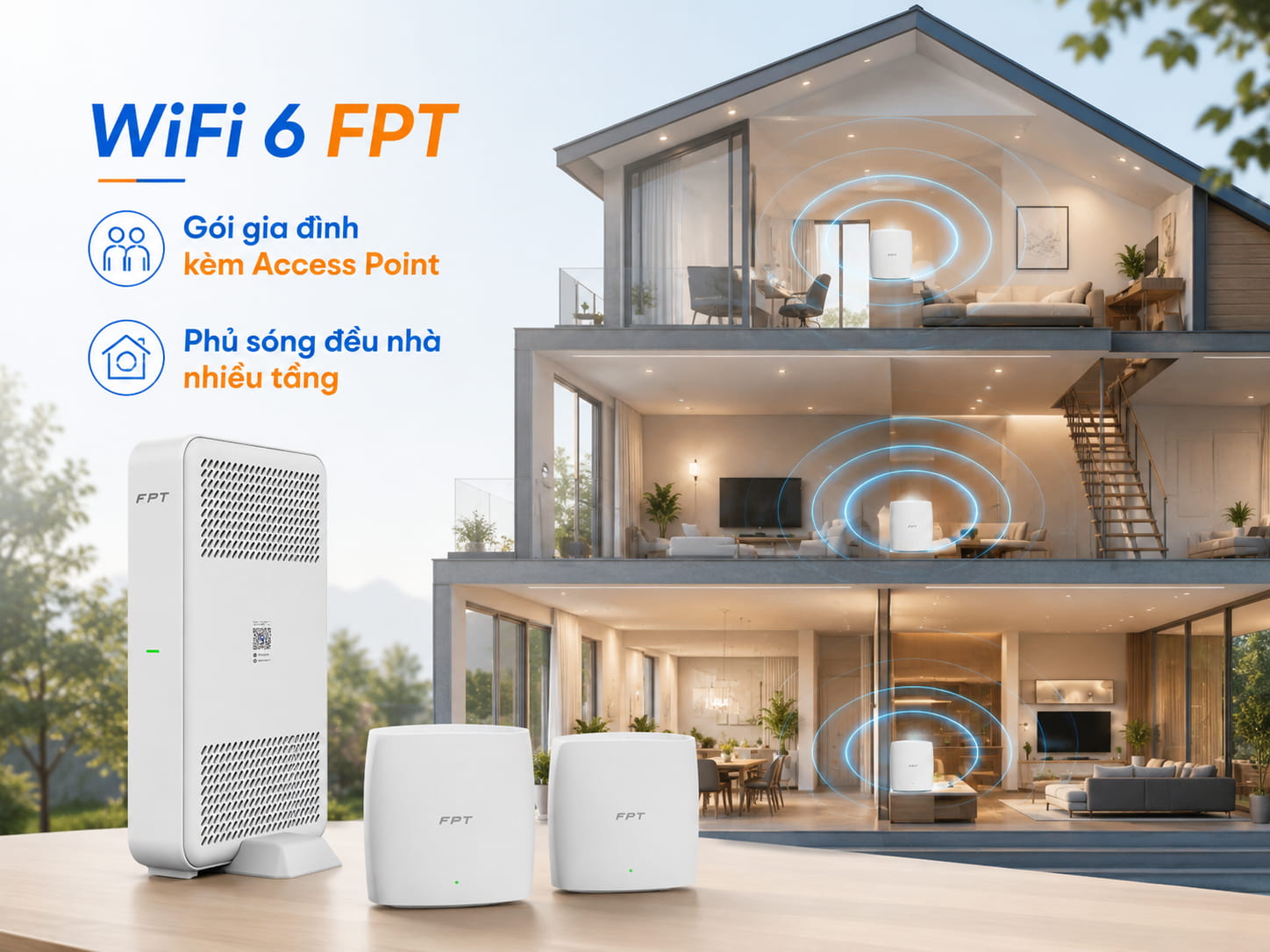 Gói Internet gia đình đi kèm Access Point giúp phủ sóng đều ở nhà nhiều tầng.