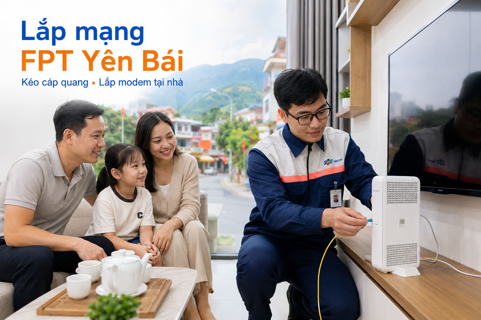 Nhân viên kỹ thuật kéo cáp quang và lắp modem cho hộ gia đình khu vực trung tâm.