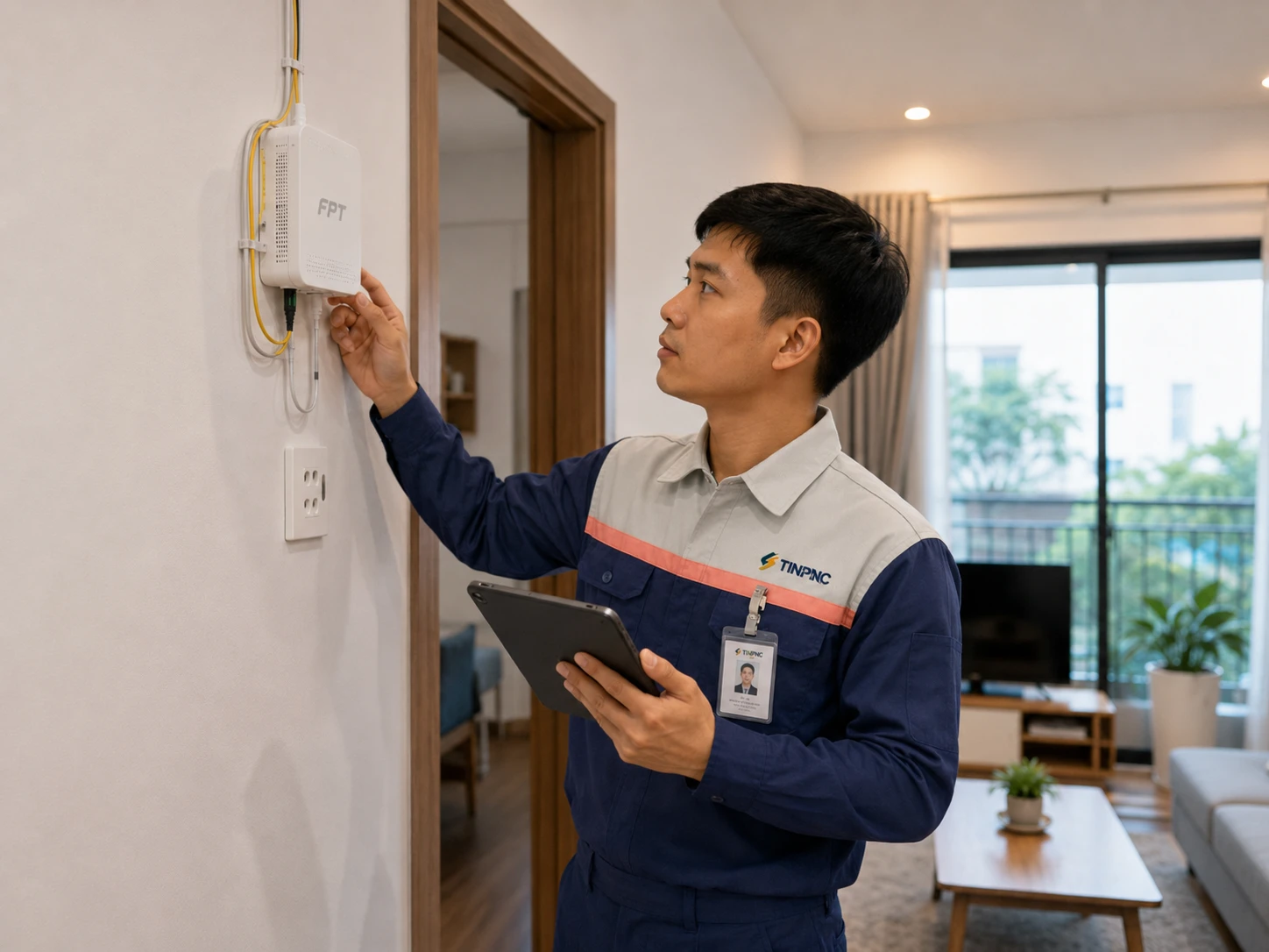 Nhân viên kỹ thuật khảo sát hạ tầng cáp quang tại nhà khách hàng