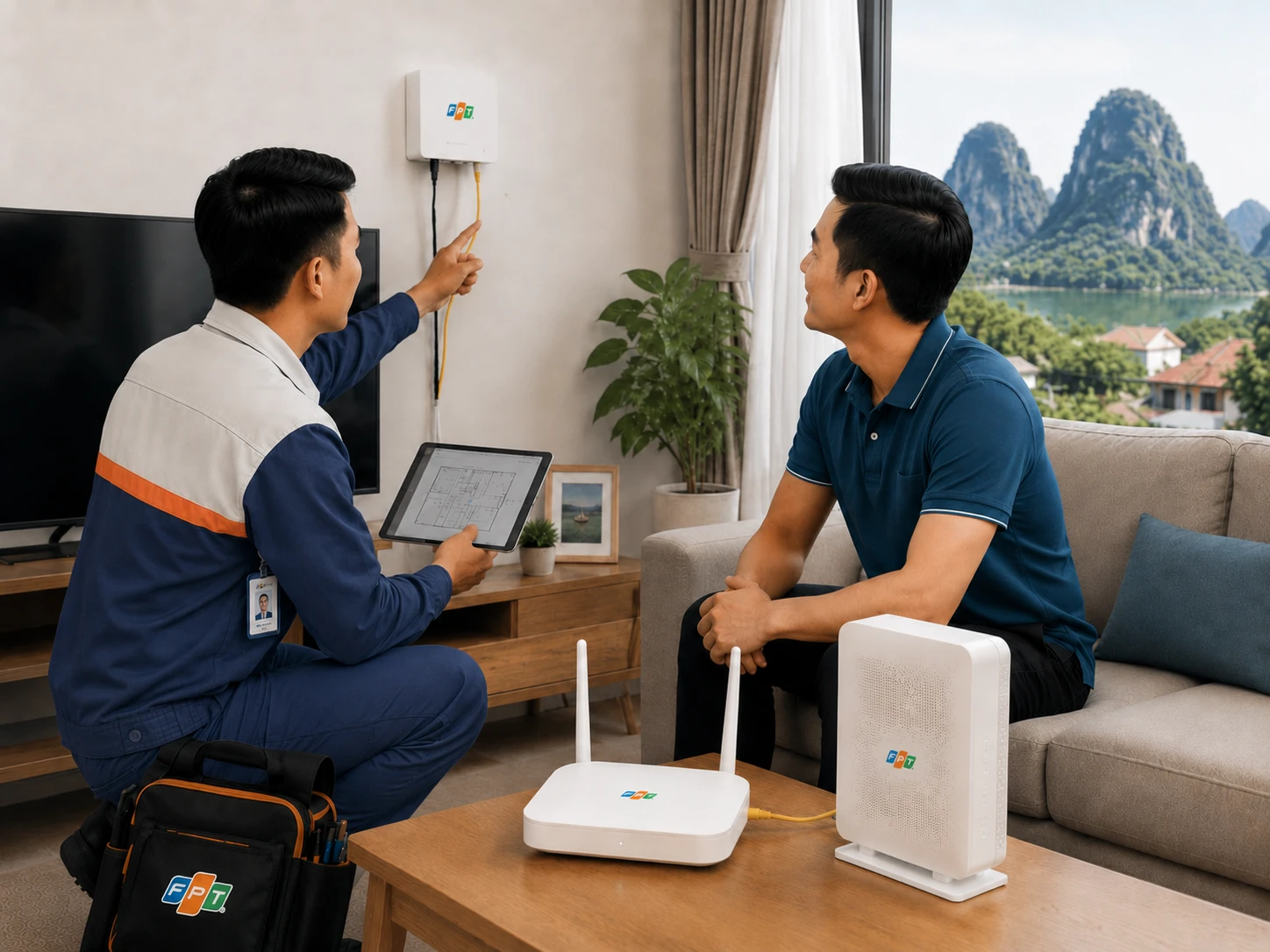 Kỹ thuật viên khảo sát lắp mạng internet tại Ninh Bình