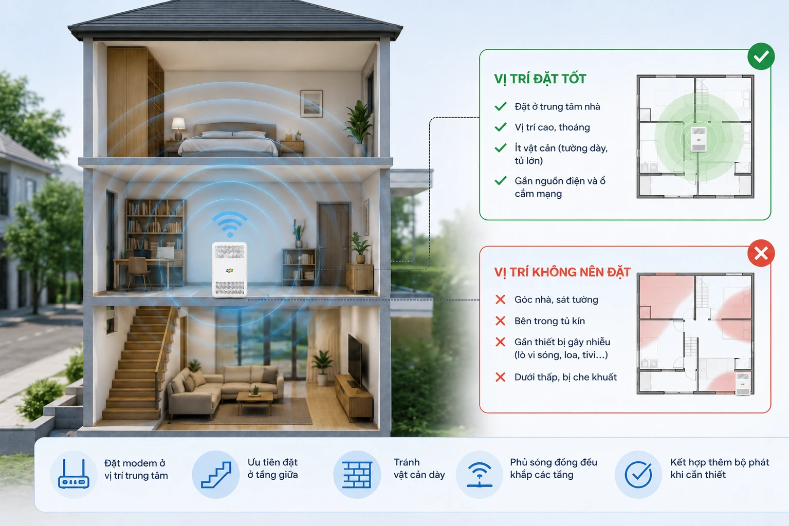 Modem đặt thoáng ở tầng giữa thường cho vùng phủ tốt hơn đặt ở tầng một