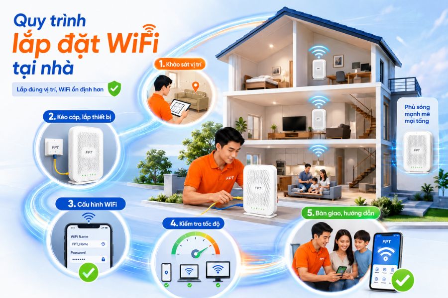 Lắp mạng tại nhà với quy trình khảo sát, kéo cáp, cấu hình WiFi, kiểm tra tốc độ và bàn giao