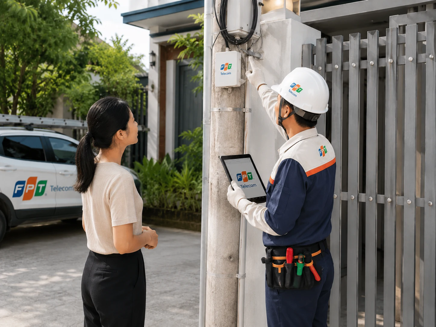 Kỹ thuật viên kiểm tra điểm kéo cáp trước khi chốt gói cước và lịch thi công.
