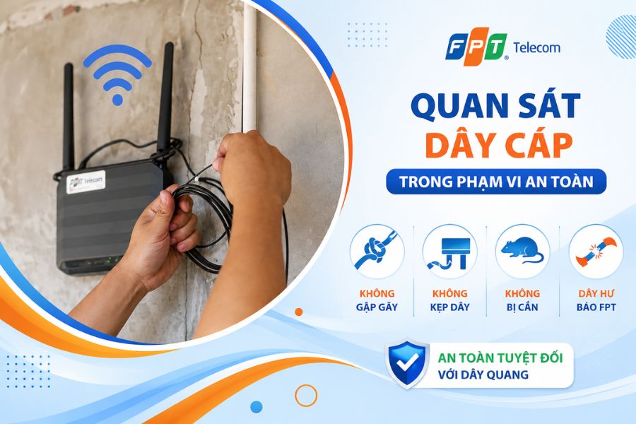 Mạng FPT bị lỗi cáp quang nên quan sát dây cáp trong phạm vi an toàn