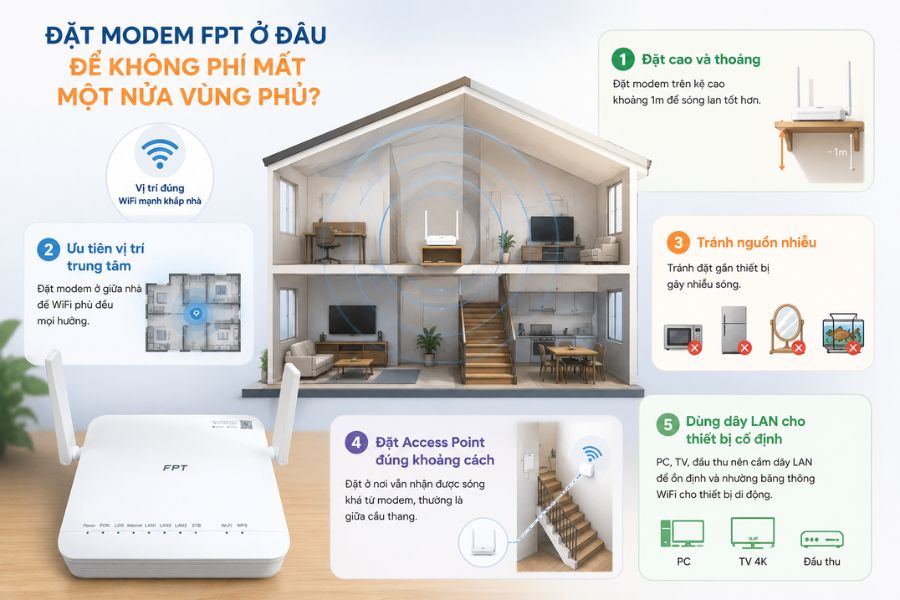 Sơ đồ vị trí đặt modem FPT trong nhà