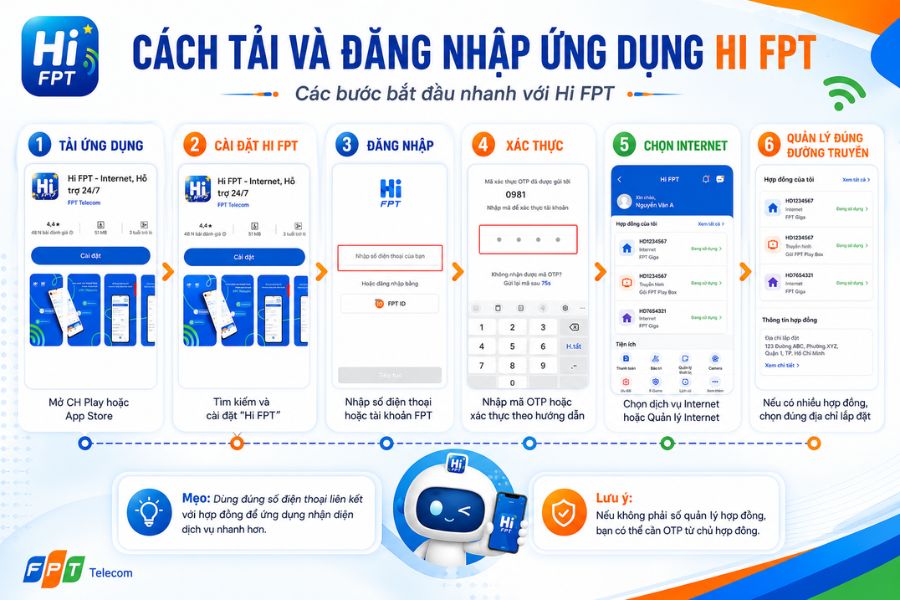 Quản lý WiFi FPT bằng điện thoại bắt đầu với tải app Hi FPT, đăng nhập và chọn dịch vụ Internet