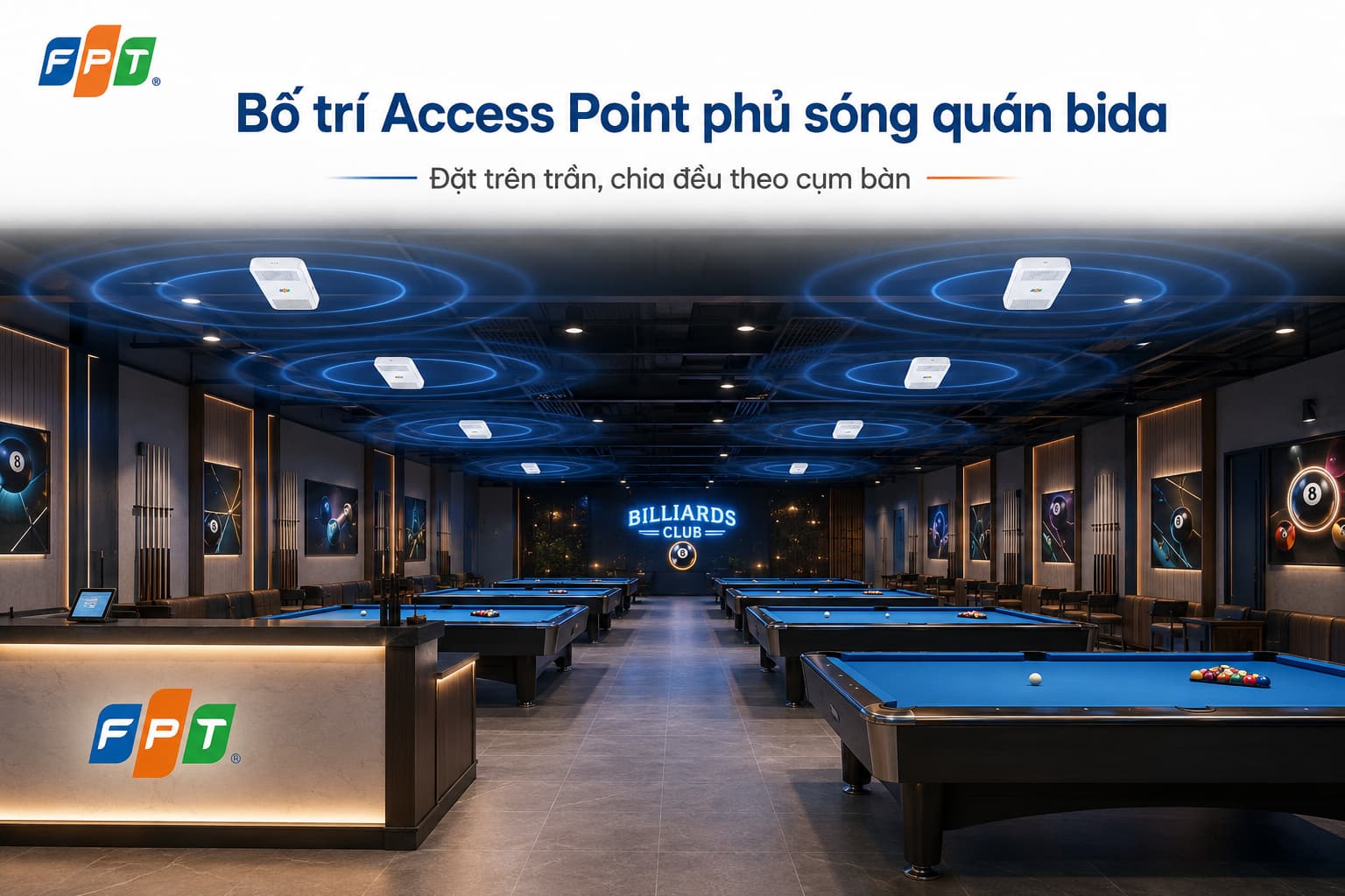 Đặt thiết bị phát trên trần và chia đều theo cụm bàn giúp sóng ổn định hơn so với một bộ phát tại quầy