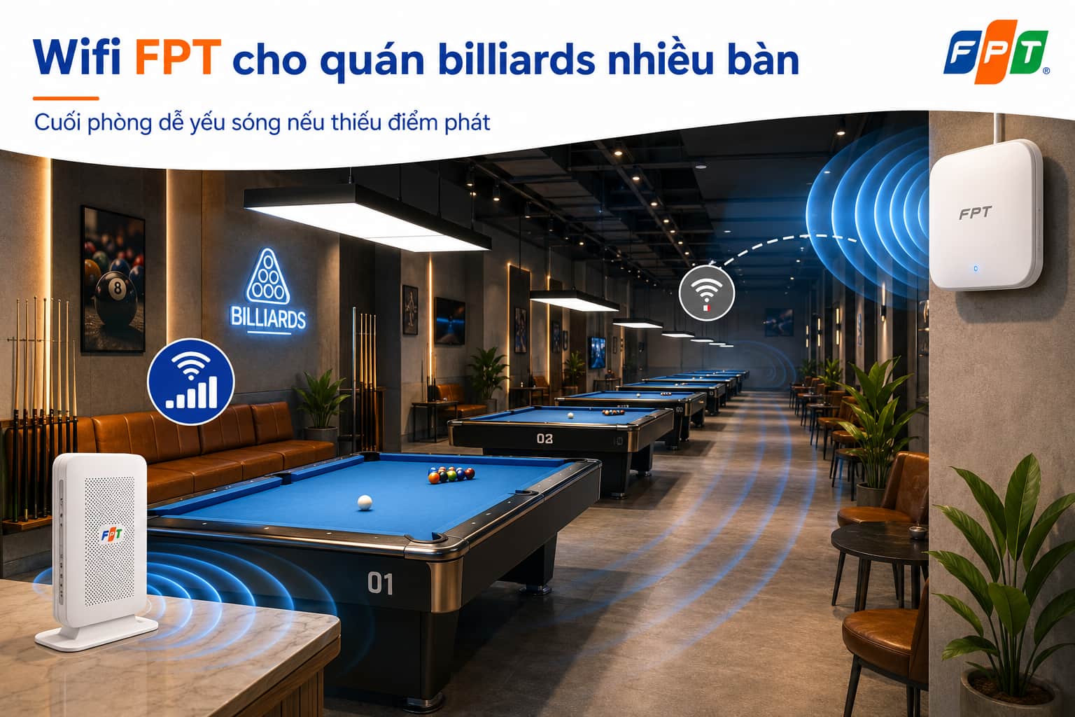 Không gian bida rộng và nhiều vật cản khiến sóng wifi yếu dần ở các bàn cuối phòng