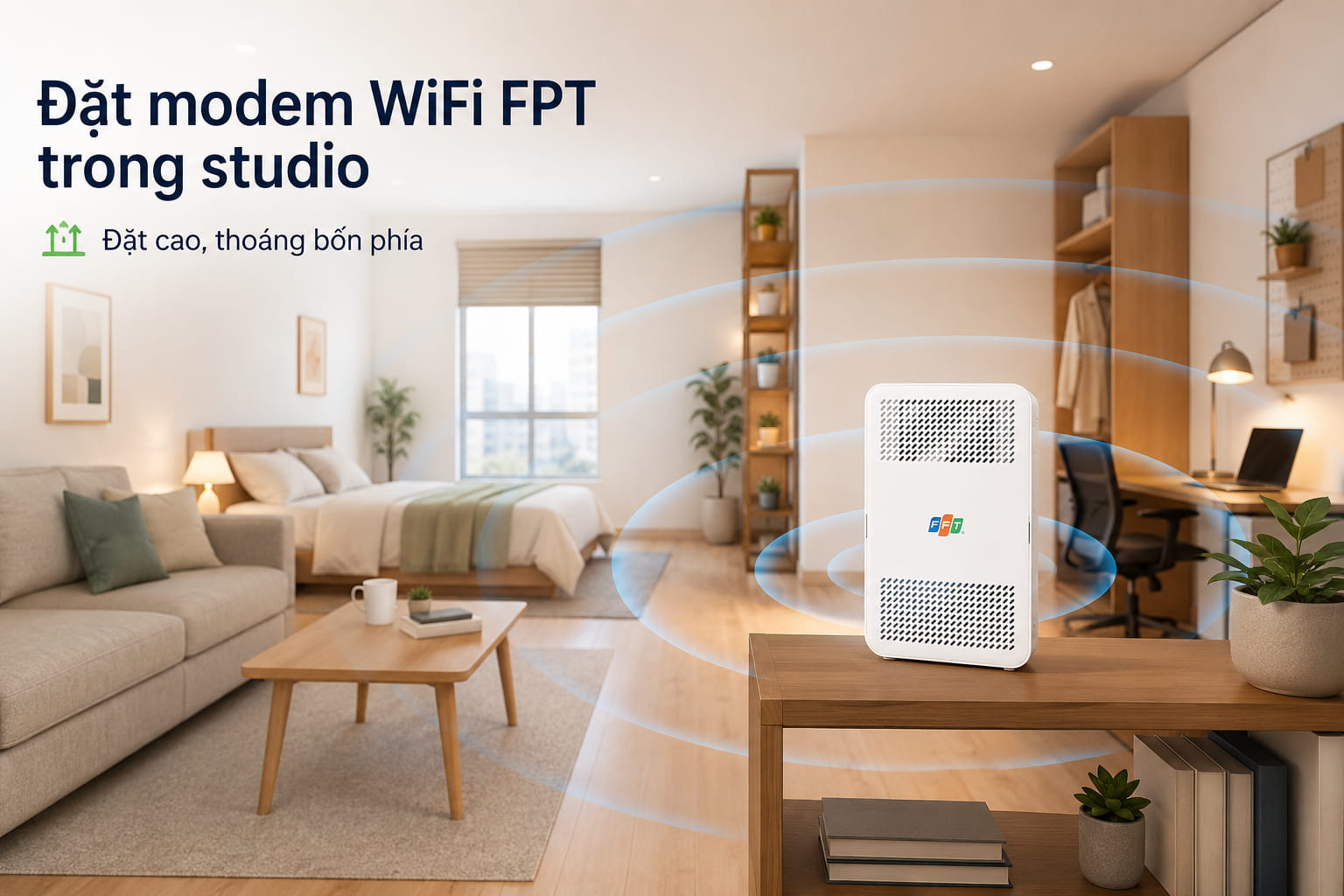 Modem đặt cao ngang tầm bàn và thoáng bốn phía cho vùng phủ đều hơn so với đặt sát sàn