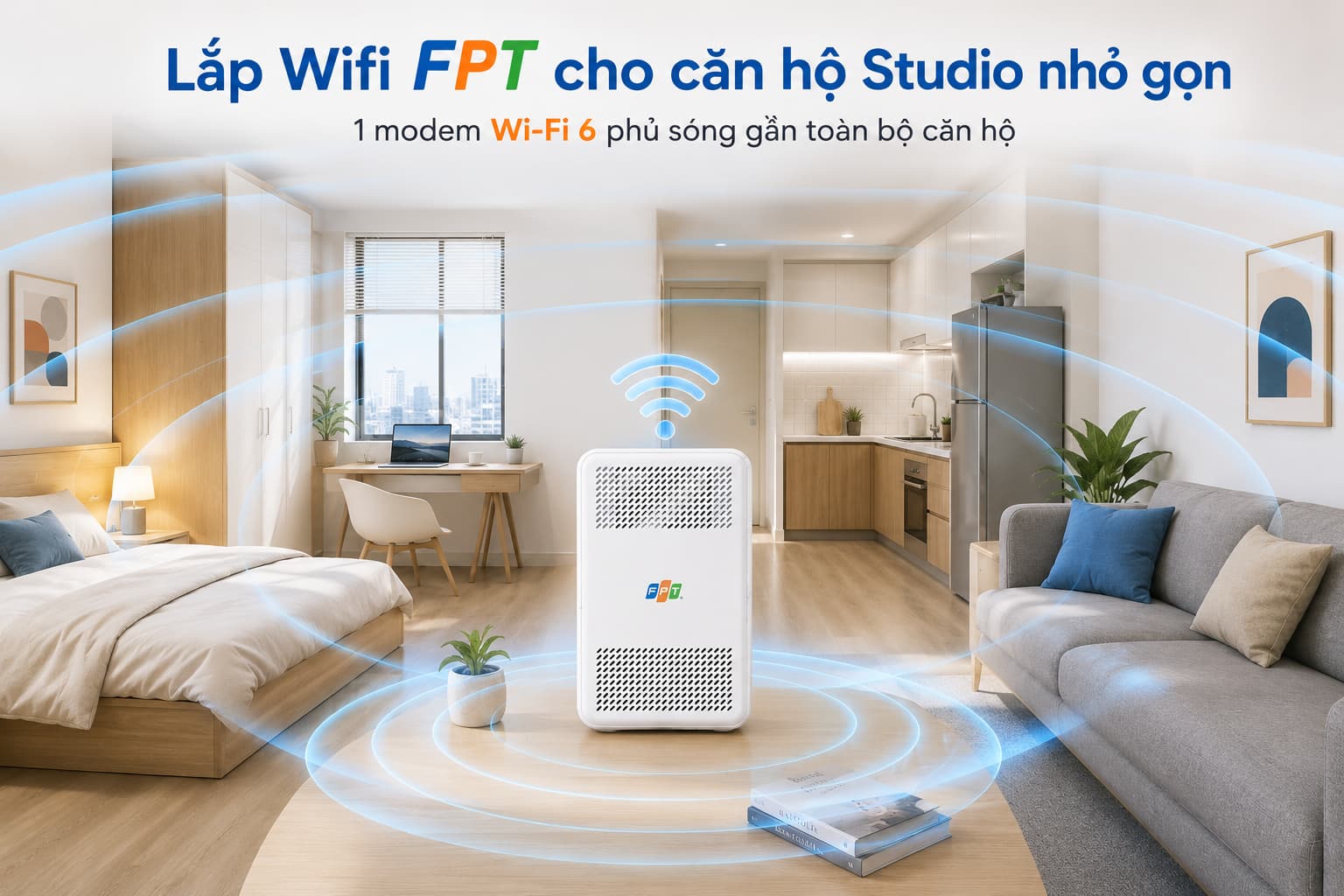 Không gian mở của studio giúp một modem Wi-Fi 6 phủ sóng gần như toàn bộ căn hộ