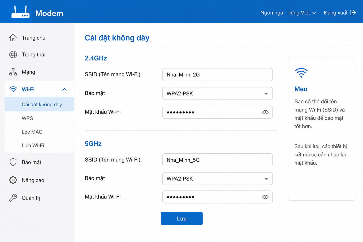 Thao tác đổi tên mạng nằm trong mục cài đặt không dây của trang quản trị