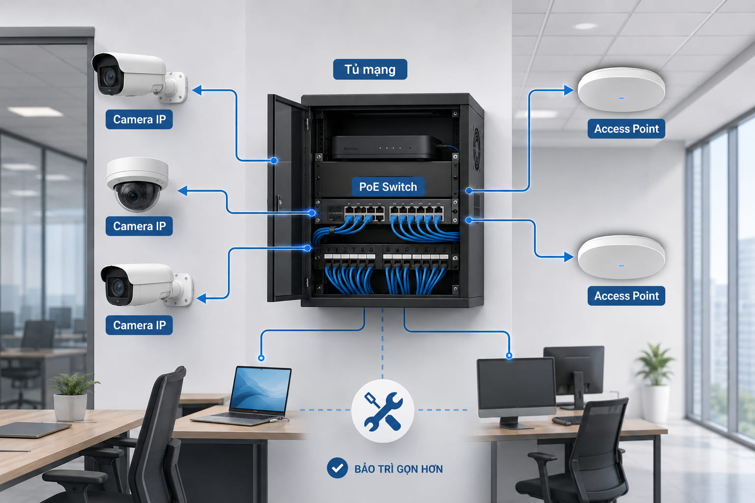 Camera và access point cùng về một tủ mạng giúp việc bảo trì gọn hơn.