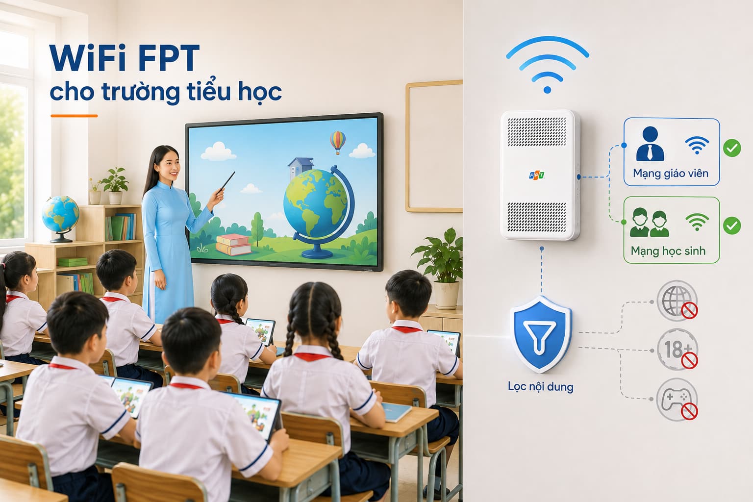 Mạng hành chính tách riêng giúp phần mềm quản lý điểm và học bạ không bị ảnh hưởng bởi lưu lượng lớp học.