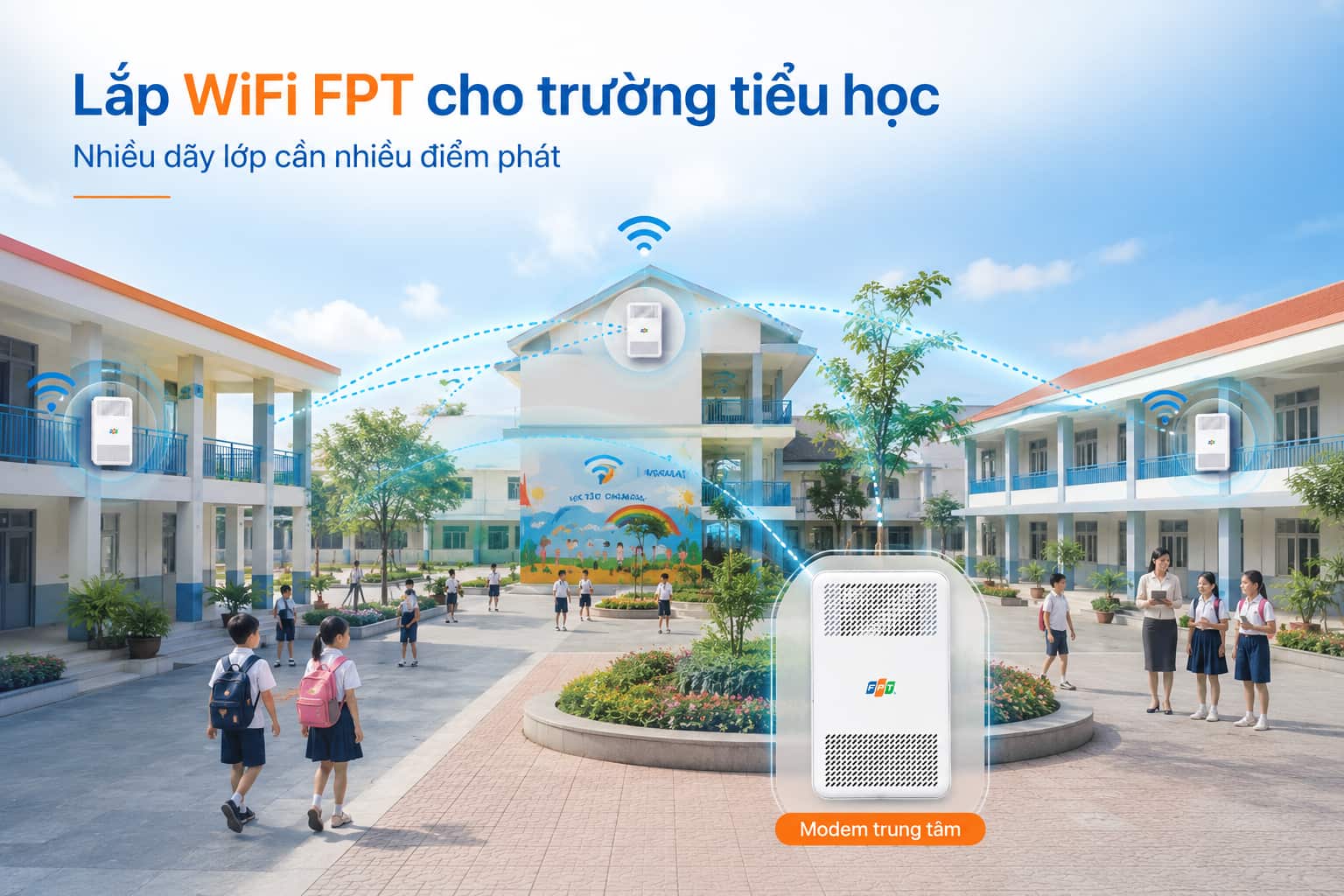Sân trường và các dãy phòng học tách rời là lý do một modem đơn lẻ không phủ nổi toàn khuôn viên.
