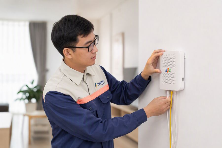 Kỹ thuật viên FPT lắp đặt access point