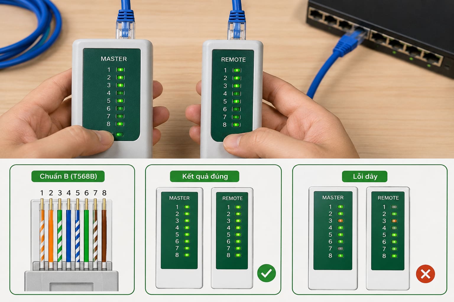 Máy test tám đèn giúp xác định chân nào chưa thông ngay sau khi hoàn tất hai đầu dây.