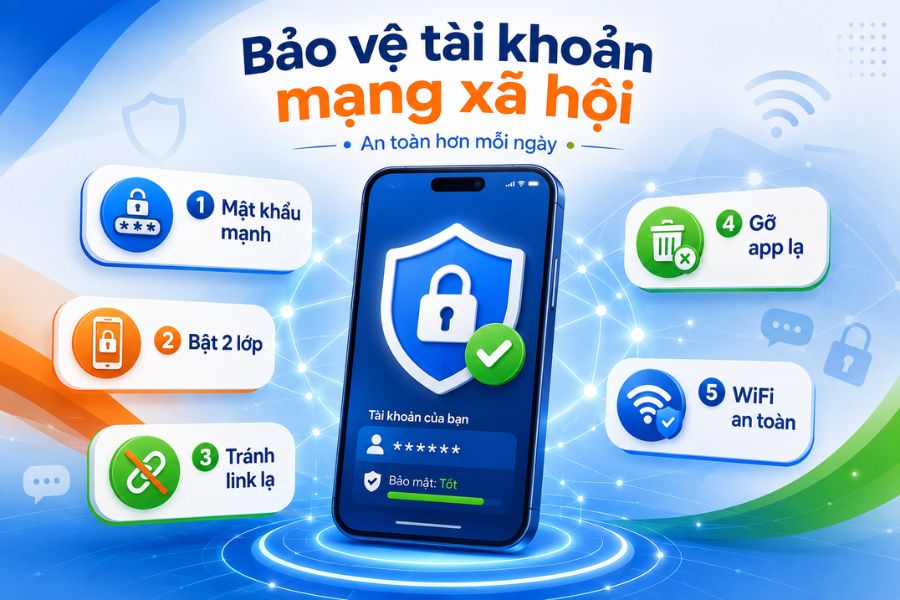 Bảo mật tài khoản mạng xã hội bằng mật khẩu mạnh, xác thực 2 lớp, tránh link lạ và dùng WiFi an toàn