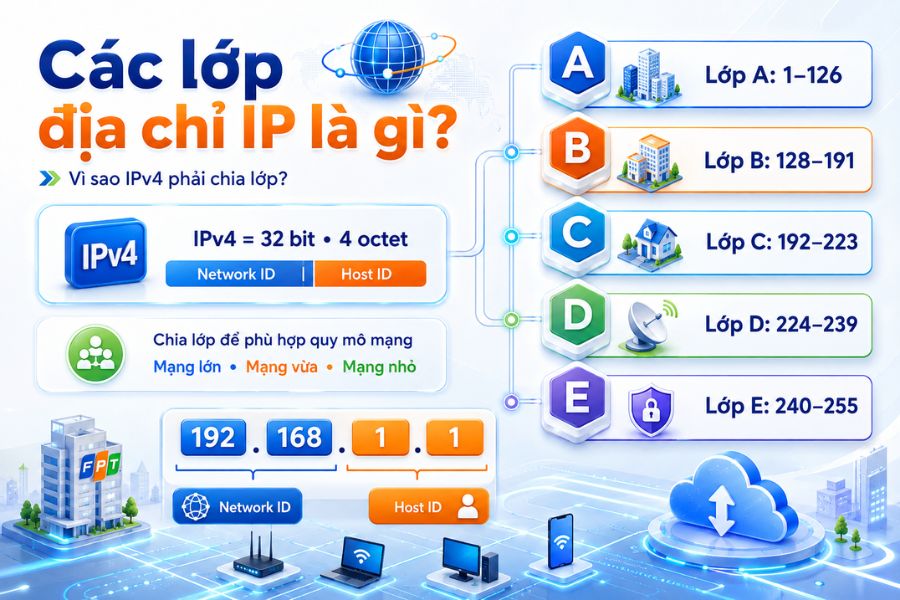 Các lớp địa chỉ IP gồm lớp A, B, C, D, E và cách chia Network ID, Host ID trong IPv4